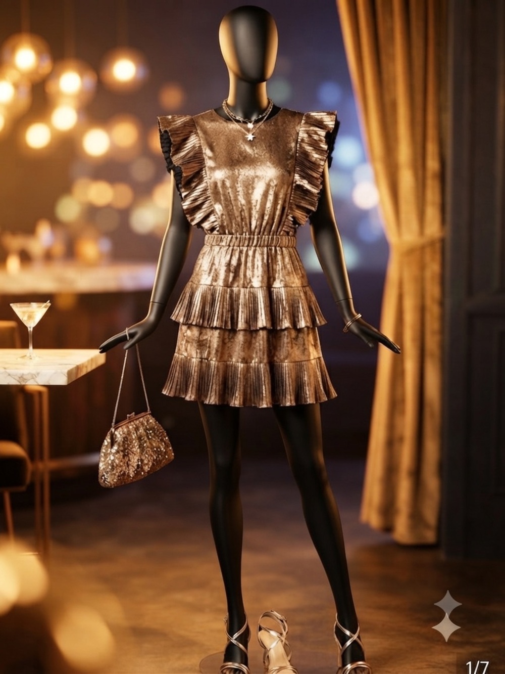 TCEC Metallic Bronze Gold Ruffle Tiered Mini Dress size S